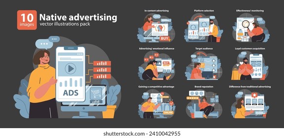 A comprehensive vector pack showcases strategies for native advertising, including emotional appeal and customer engagement, in a digital marketing context.