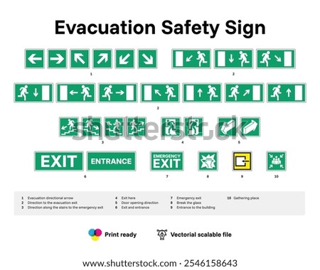 Comprehensive Vector Safety Evacuation Sign Set – Emergency Exit, Directional Arrows, and Gathering Point Icons for Buildings