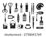 Comprehensive vector set of art and craft supplies including scissors, brushes, paints, and other creative tools.