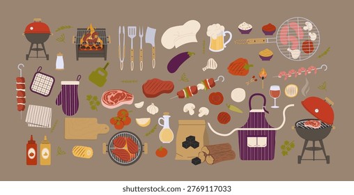 Comprehensive vector set of BBQ elements including charcoal kettle grills metal tools and raw meat. Large  collection features striped apron chef hat sauces vegetables and summer drinks like beer and wine. Isolated flat illustrations on neutral background for picnic invitations restaurant menu and outdoor party design.