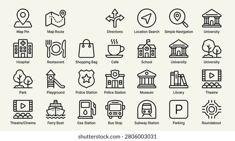 Comprehensive vector set of city location and infrastructure icons including transport hubs public buildings schools and navigation markers designed for urban mapping projects travel guides city planning documents mobile navigation apps and local business directory maps.