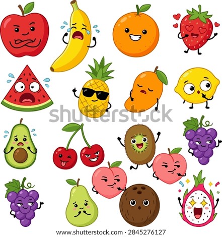 Comprehensive vector set of cute fruit emoji stickers with funny facial expressions including apple, banana, orange, strawberry, watermelon, pineapple, mango, lemon, avocado, cherry, kiwi, peach, grape, pear, coconut, and dragon fruit on white background.