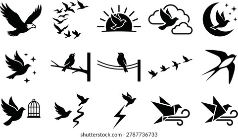 Comprehensive vector set featuring birds in nature flight formations perching on wires and abstract origami styles.