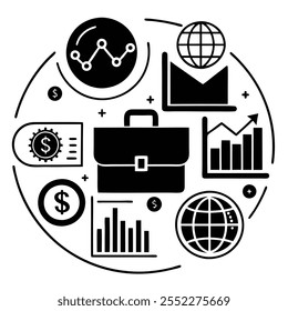 Comprehensive vector set featuring investment and stock market concepts in line art, silhouette, and logo styles. Perfect for business, financial, and stock market design needs.