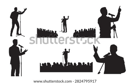 A comprehensive vector set featuring multiple silhouettes of male speakers addressing an audience from a stage with microphones, illustrating various gestures and interactions, suitable for representing public speaking events, conferences, and performances.