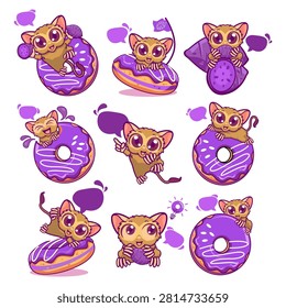 A comprehensive vector set featuring nine adorable tarsier mascot characters in various cute poses with purple ube glazed donuts and blank speech bubbles. Perfect for bakery branding, sticker sheets, social media emojis, and cafe marketing assets.