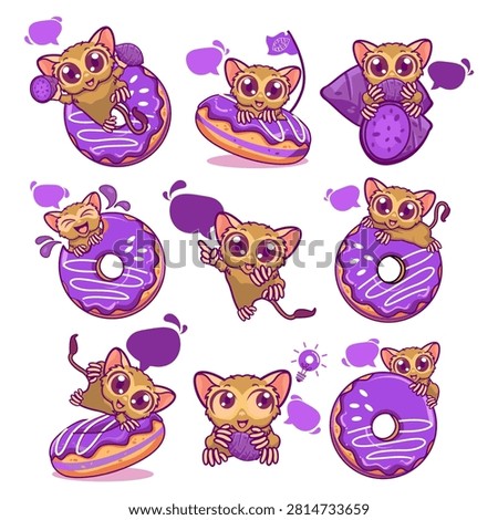 A comprehensive vector set featuring nine adorable tarsier mascot characters in various cute poses with purple ube glazed donuts and blank speech bubbles. Perfect for bakery branding, sticker sheets, social media emojis, and cafe marketing assets.