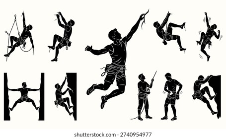A comprehensive vector set featuring various rock climbing poses, actions, and techniques, including bouldering, rappelling, belaying, and ascending. This dynamic collection is perfect for extreme sports and outdoor adventure design projects.