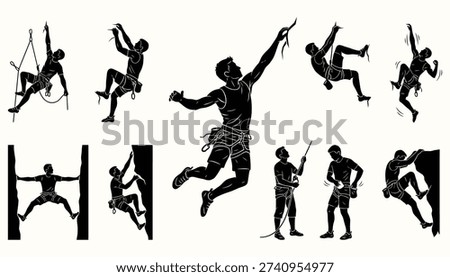 A comprehensive vector set featuring various rock climbing poses, actions, and techniques, including bouldering, rappelling, belaying, and ascending. This dynamic collection is perfect for extreme sports and outdoor adventure design projects.