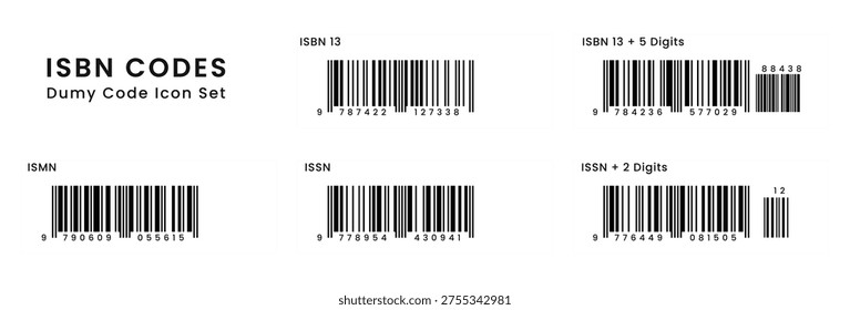 Un conjunto completo de Vectores de ISBN 13 y códigos de barras ISSN, incluyendo variaciones con dígitos suplementarios para la Identificación de libros y revistas. Diseñado para diseños de publicaciones profesionales, empaques minoristas e interfaces de software de Biblioteca.