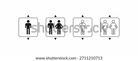 Comprehensive vector set of lift icons, doors, capacity, direction arrows, and passenger symbols in line, filled, and flat color styles. Essential for architectural plans and user interface design