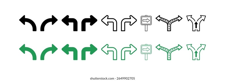A comprehensive vector set of navigation arrows, including road signs, turns, and forks in the road, in both green and black, filled and outline styles.
