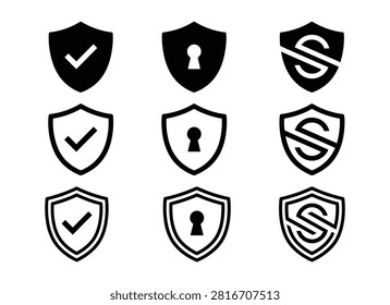 A comprehensive vector set of nine geometric shield icons designed in line, outline, and solid flat styles. This graphics collection features universal cybersecurity symbols including safe checkmarks, keyhole privacy locks, and stylized 
