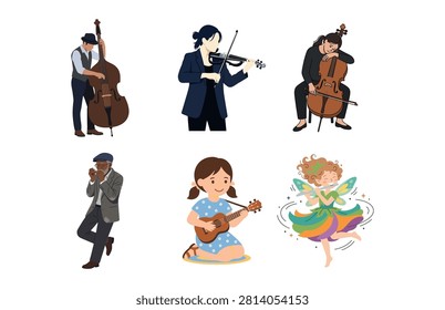A comprehensive vector set showing various musical performers including string instrumentalists, a harmonica player, and fairy.