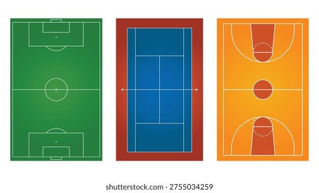 Comprehensive Vector Set of Soccer, Tennis, and Basketball Fields in Various Layouts and Perspectives