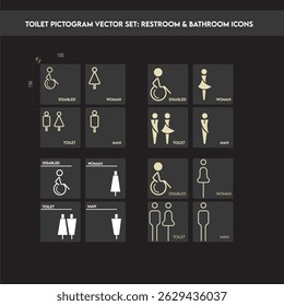 Conjunto de Vector completo de pictogramas de inodoro y baño que incluyen opciones masculinas, femeninas, para discapacitados y unisex. Símbolos claros y universales. Vector Eps10