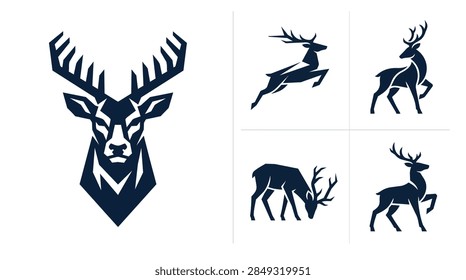A comprehensive vector sheet collection featuring a detailed deer head with antlers and various deer silhouettes in different poses. This set includes a close-up antler design and four distinct deer s