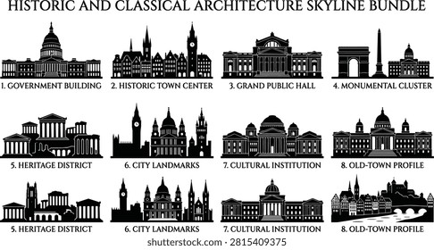 Comprehensive vector silhouette bundle featuring historic civic buildings, classical architecture, cultural institutions, heritage districts, and traditional town skylines. Perfect for tourism branding, educational materials, urban history projects, presentations, posters, and architectural design applications.