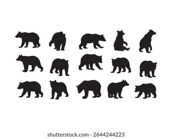Uma abrangente coleção de silhuetas vetoriais com diversas poses de ursos, habilmente isolados em um fundo branco nítido.