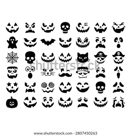 A comprehensive vector silhouette collection featuring a massive variety of Halloween spooky faces and character stencils. This premium bundle showcases numerous Jack-o'-lantern pumpkin carving patterns with expressions ranging from scary and angry to funny and creepy. It also includes iconic Halloween symbols like creepy ghosts, flying bats, detailed skulls, spider webs, Frankenstein monsters, black cats, and pirate skeletons. Rendered in a bold solid black monochrome format, this versatile graphic bundle is highly sought after for autumn holiday projects. Perfect for pumpkin carving templates, Halloween party invitations, stickers, vinyl decals, laser cutting (CNC), stencils, and t-shirt prints. Fully isolated and easy to customize.