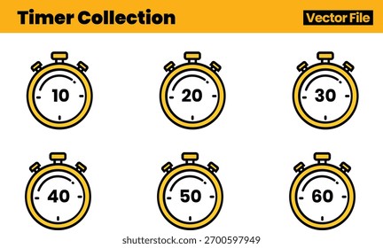 Pacote abrangente de cronômetro de vetor mostrando cronômetros definidos em 10, 20, 30, 40, 50 e 60 segundos em um layout profissional
