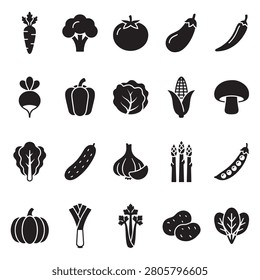 Comprehensive vegetable and fresh produce icon set with vegetables, silhouette