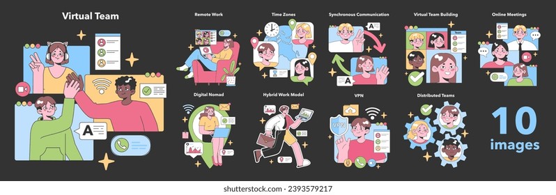 Conceptos integrales de equipo virtual representados en un conjunto vibrante, desde trabajo remoto hasta reuniones en línea, que captan la esencia de la colaboración digital. Ilustración vectorial plana