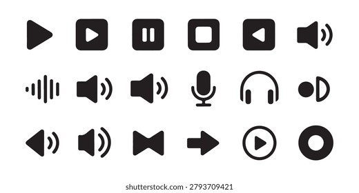 Comprehensive visual library featuring record buttons audio sliders playback toggles and system icons for media.