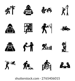 Comprehensive Visual Symbols of Diverse Illegal Acts and Criminal Activity Icon set