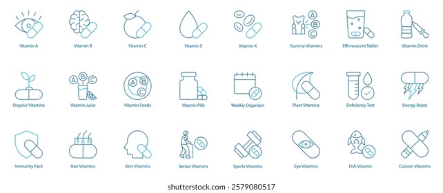 Comprehensive Vitamin and Supplement Vector Icon Set – Vitamin A, B, C, E, K, Organic and Custom Supplements, Immunity Pack, Juice and Foods, Hair and Skin Care, Pills, Weekly Organizer 