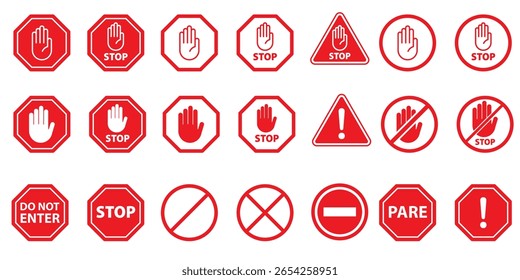 Coleção abrangente de sinais de aviso e parada com ilustração de vetor de ícones manuais para segurança.