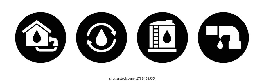 Comprehensive water infrastructure icon set featuring household water supply, recycling systems, storage tanks, and plumbing networks. Perfect for sustainability projects, utility services, environmental campaigns, smart city applications, and water management platforms.