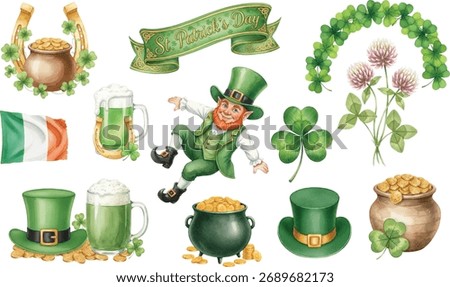 A comprehensive watercolor collection for St. Patrick's Day: leprechaun character, pot of gold, shamrocks, green hats, Irish flag, beer mugs, and festive banner.