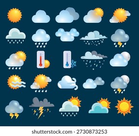 Comprehensive weather icons set with thermometer, sun, clouds, rain and storm symbols on dark background