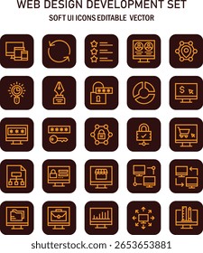 Colección integral de Elementos de Diseño web y desarrollo, destacando los iconos vectoriales editables de la interfaz de usuario suave