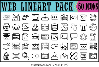 Esta Imagen es un completo paquete de iconos de arte de línea de Web con 50 símbolos esenciales para el diseño digital, que muestra un "paquete de lineart de Web" que contiene 50 iconos distintos. Estos iconos de estilo de arte de línea cubren un ancho