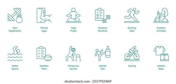 Comprehensive Wellness and Activity Icon Set - Vector Illustrations for Gym Equipment, Fitness Apps, Yoga Poses, Workout Routines, Running Gear, Outdoor Activities, Water Sports, Nutrition Plans 