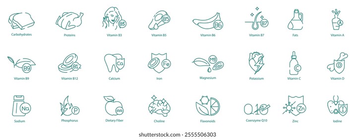 Comprehensive Wellness Icon Set - Carbohydrates, Proteins, B3, B5, B6, B7, Fats, A, B9, B12, Calcium, Iron, Magnesium, Potassium, C, D, Sodium, Phosphorus, Dietary Fiber, Choline, Flavonoids, Coenzyme