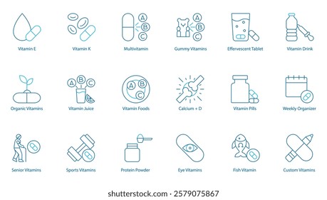 Comprehensive Wellness and Nutrition Vector Icon Set – Vitamin E, K, Multivitamin, Gummy and Effervescent Supplements, Vitamin Drink, Organic Nutrition, Vitamin Juice and Foods, Calcium plus D, Pills 
