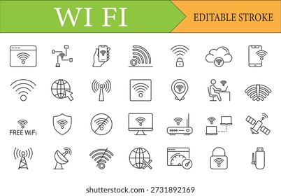 Conjunto de ícones de linha de conexão sem fio e Wi-Fi abrangente com traçado editável
