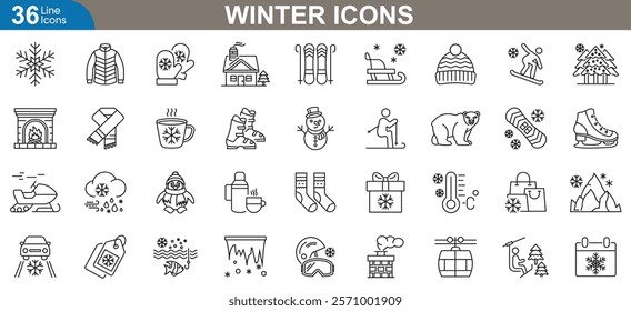 Comprehensive Winter themed icon set. Snowflakes, mittens, warm drinks, frosty symbols, and seasonal elements for design and branding. Thin line icons vector illustration.