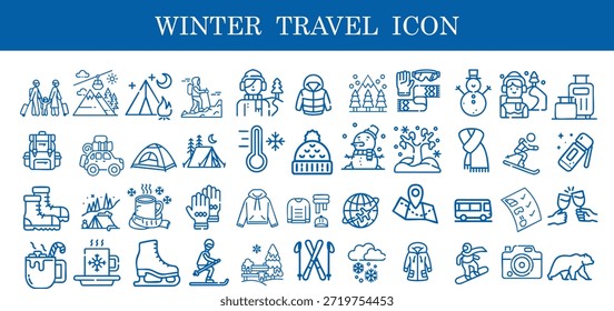 Comprehensive winter travel elements icon set with blue linear vector illustration of skiing, camping, cold weather gear and mountain adventure. Minimalist outdoor seasonal symbol for holiday tourism.