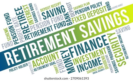 Umfassende Word-Cloud, die die wichtigsten Konzepte von Rentenersparnissen, finanzieller Sicherheit und Investitionsplanung veranschaulicht