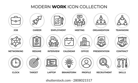 Comprehensive work icon set featuring minimalist vector illustrations for corporate concepts including interview calendar office presentation contract clock target laptop brainstorm profile recruitment and skills. Professional linear design elements for business management.
