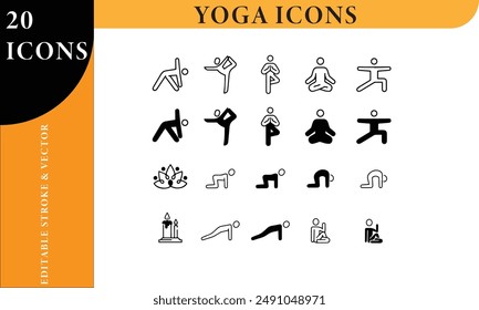 Conjunto completo de iconos de yoga (Trazo y Vector editables)