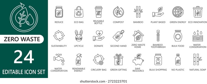 Conjunto completo de iconos de línea de cero residuos y sostenibilidad. Perfecto para App de estilo de vida ecológico, informes ESG y diseño de economía circular.