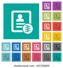 Compress contact multi colored flat icons on plain square backgrounds. Included white and darker icon variations for hover or active effects.