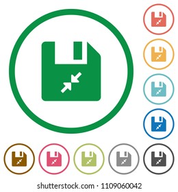 Compress file flat color icons in round outlines on white background