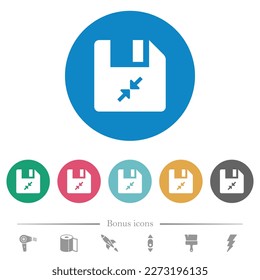 Compress file flat white icons on round color backgrounds. 6 bonus icons included.