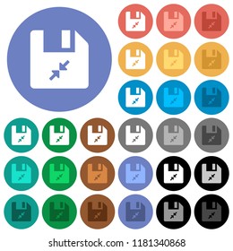 Compress file multi colored flat icons on round backgrounds. Included white, light and dark icon variations for hover and active status effects, and bonus shades.